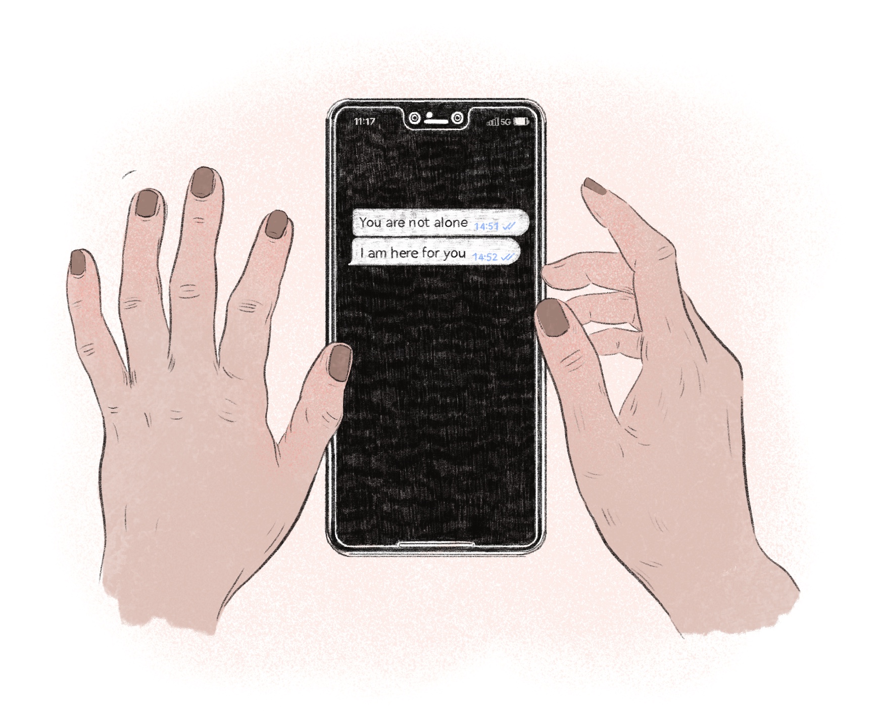 In der Mitte liegt ein Smartphone mit schwarzem Bildschirm, darauf zwei Chatnachrichten. Die erste sagt "You are not alone" um 14:51 Uhr, danach die "I am here for you" um 14:52. Zwei Hände mit braunem Nagellack sind neben dem Smartphone, die rechte Hand hebt den Zeigefinger zum Scrollen an. 